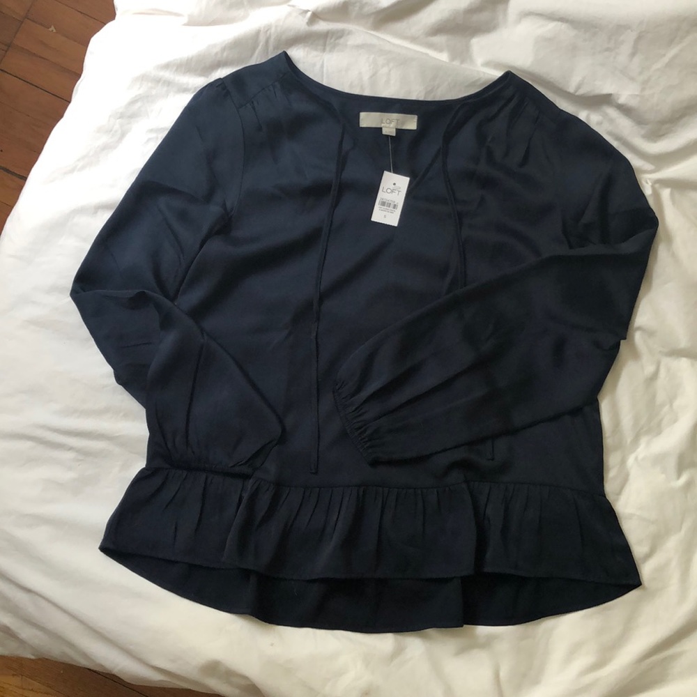 Black silk peasant top with tie neck